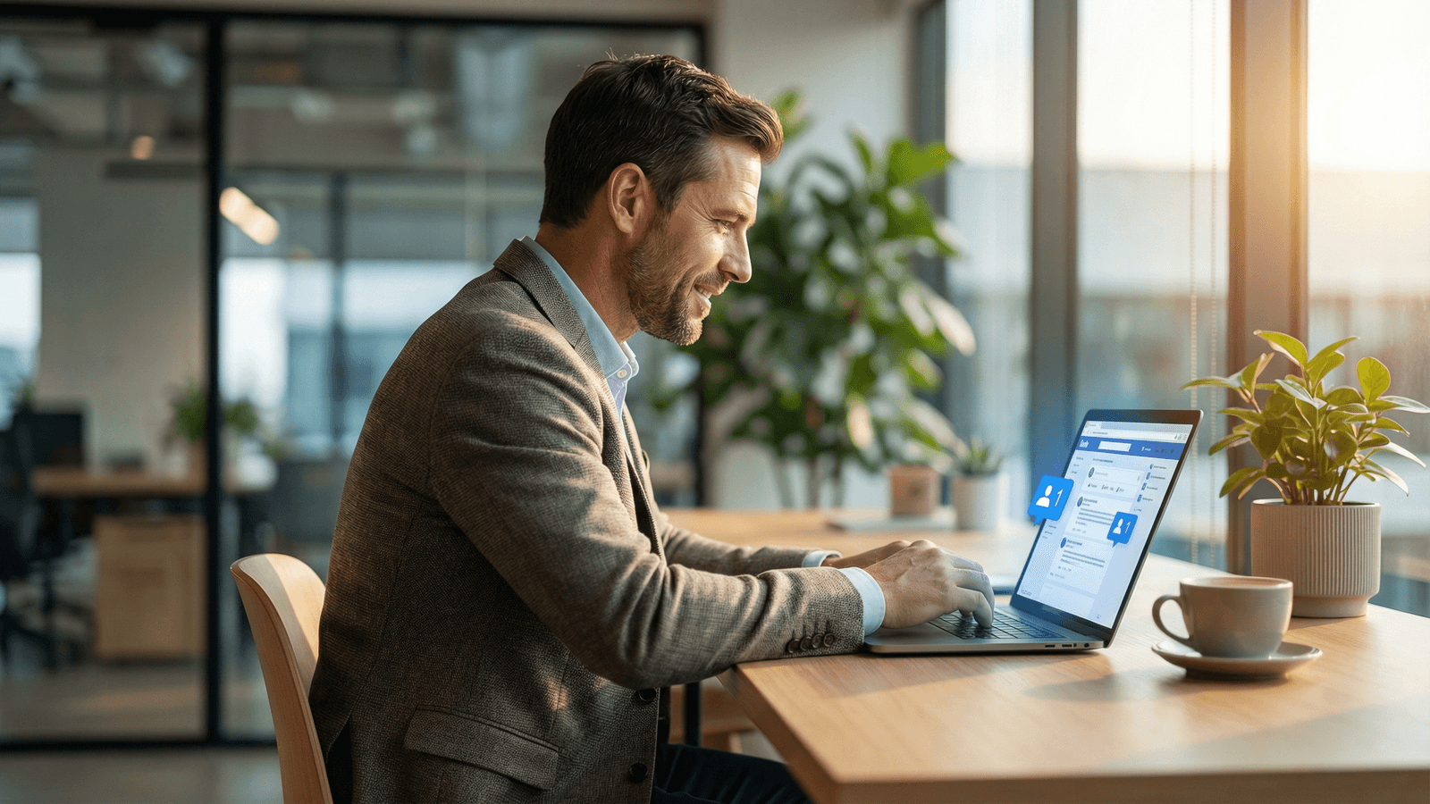 Sales professional reviewing LinkedIn engagement signals on laptop screen before writing personalized cold email